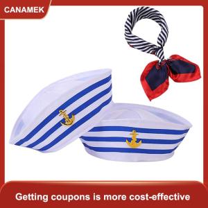 【CANAMEK】 Phụ Nữ Nhỏ Vuông Khăn Thủy Thủ Cap Set Tiếp Viên Sọc Chắp Vá Satin Khăn Với Lễ Hội Giáng Sinh Sọc Hải Quân Thủy Thủ Cap