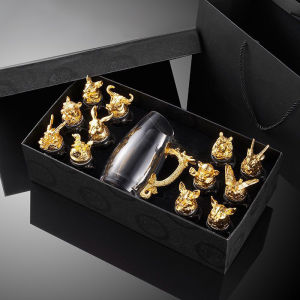 JustLiving 13Pcs Chinese Zodiac Shot Glasses and Baijiu Set Elegant Drinkware and Unique Gift Idea Glassware Gift Set with Artistic Animal Handles and Stand