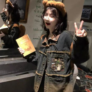 Áo khoác denim lớn thêu xanh Nhật Bản cho phụ nữ thiết kế mùa xuân thu 2025 áo thời trang đồng phục bóng chày thẩm mỹ sang trọng