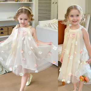 Rolanko Girls Princess Dress Halter Neck Flower Girl Tulle Dresses with Appliques Wedding Birthday Vacation Wear 3-11Yeras