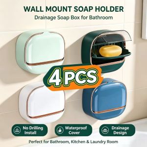 【New】4Pcs Punch-free Soap Box Wall-mounted Household High-end Drain Storage Bathroom Toilet Soap Rack