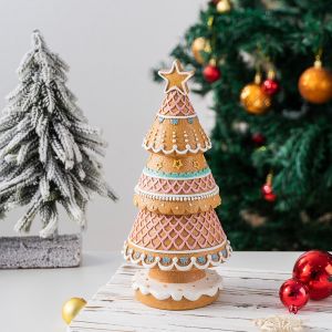 YERZ Resin Gingerbread Christmas Village Tree with Glitter Powder Simulated Gingerbread Christmas Tree Ornament Household Hand Painted Xmas Tree Ornament Tabletop
