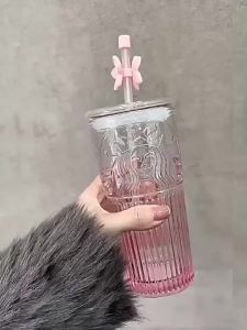 FCStartbuck Starbuck Sakura Starbuck 2023 New Cherry Blossom Powder Gradual Change Peach Blossom Goddess Glass Straw Cup Embossed Girls Gift Water Cup