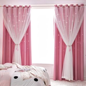 EKILLERLY Double Layer Stars Curtains Colorful Romantic Tulle Blackout Curtains Household Products Hollow Out Stars Windows Drapes Girls Princess