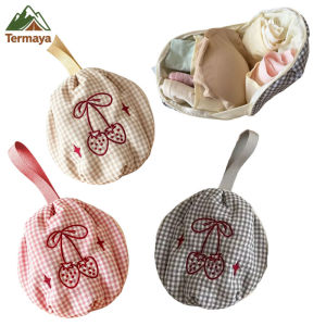 Termaya Cute Plaid Strawberry Embroidery Underwear Storage Bag Large Divided Interior Portable Lingerie Organizer For Travel Daily Use