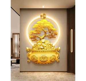 Tranh treo tường đèn led cây vàng tài lộc uv mặt mica sáng bóng kèm đinh treo