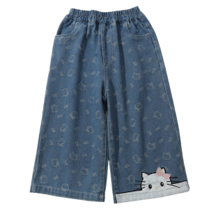 Christmas Gift Halloween Hello Kitty Girls Jeans Autumn New Fashionable Kawaii Cartoon Embroidered Casual Pants Childrens Sweet Soft Straight Leg Pants