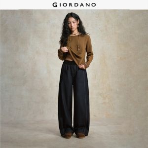 GIORDANO Women Jeans Patchwork Elastic Waist Relaxed Denim Pants Topstitch Wide Leg Chic Fashion Casual Denim Pants 18415219