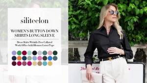 ซิลิโอน เสื้อเชิ้ตผู้หญิงแบบติดกระดุมแขนยาว เสื้อเชิ้ตทำงานไม่ยับ มีปก เสื้อทำงานสำนักงาน เสื้อเบลาส์สีพื้น เสื้อคอร์เซ็ต