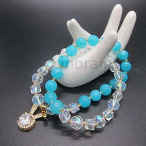 (SG Stock) 2 rounds Natural Amazonite Austria White Crystal Beads Zircon Rabbit Elastic Bracelet Rhinestone天然天河石奥地利白水晶锆石
