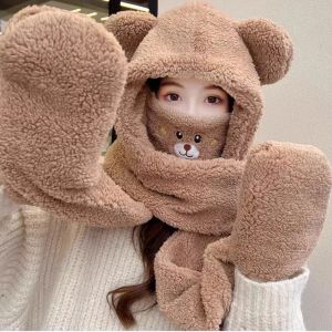 4in1ชุดถุงมือผ้าพันคอบีนนีหูหมีน่ารักสำหรับผู้หญิงชุดถุงมือผ้ากำมะหยี่ขนแกะขนแกะอุ่นสำหรับฤดูหนาวหมวกถุงมือเล่นสกีสีทึบ