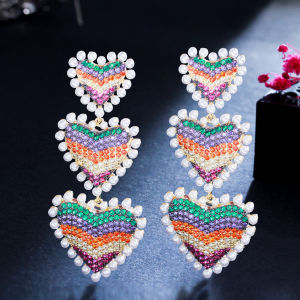 SEQUITO 2024 New Fashion Rainbow Cubic Zirconia Large Heart Drop Women Romantic Beach Party Pearl Long Dangle Earrings Bohemian Summer Jewelry SE566