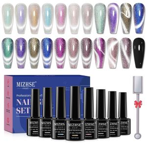 MIZHSE 8 Colors 9D Cat Eye Gel Magnetic Gel Polish Kit with Magnet Stick Galaxy Glitter Chameleon Effect Silk Velvet Cat Eye Soak Off Nail Art Design Ladies Gift