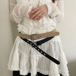 DOWNA Solid Color Hollow Out Belt Simple Matte Finish Waist Chain Rivet Detail Leather Belt Womens Accessories