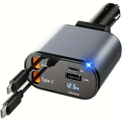 4 In 1 120W ที่ชาร์จในรถอเนกประสงค์ ที่ชาร์จในรถ หัวชาร์จในรถ สายชาร์จในรถยนต์ อะแดปเตอร์ชาร์จเร็ว สายยืดหดได้ Type-C USB