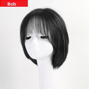 【B.Q】30cm Short Bob Human Hair Wig With Air BangsSimulation Scalp Breathable Full Wig for Women Natural Hair
