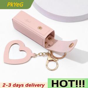 PkYeG Solid Color Portable Lipstick Bags Wallet Keychain Mini Storage Bag For Women Lipsticks Protective Cover With Mini Makeup Mirror
