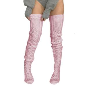 Elegant Over the Knee Long Socks with Hollowed Out Pattern Knitted Thigh High Stockings Leg Warmers for Womens Hosiery