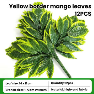 12pcs 3 Fork Artificial Mango Leaves Green White Fake Plants DIY Faux Bouquet Artificial Foliage for Home Wedding Forest Party Decoration