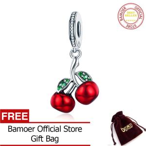 BAMOER Free Shpping Crazy Sale Trendy 925 Sterling Silver August Fruit Red Enamel Cherry pendant Charm Fit Women Bracelets & Necklaces Fashion Jewelry SCC784
