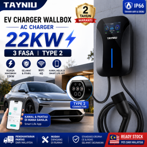 TAYNIU 22KW 32A 3 Phase Smart EV Charger Type 2 Wall Mounted Charging Station LCD Display APP Remote Control WiFi 4G IP66 Waterproof for Electric Vehicle