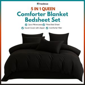 Hodeso 5 in 1 Bedsheet Comforter Set Queen Size with Duvet Cover Thick Comforter Blanket Garterized Fitted Sheet Pillowcases