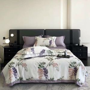 Xả hàng bộ phi lụa mẫu hoa lan tím đặc sắc (ảnh thật đi kèm 4 món chăn hè đã bo chun theo size 200x220cm nệm 12cm)