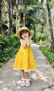 Váy Đầm Yếm tiểu thư 100% Cotton Màu Vàng Siêu Dễ Thương Cho Bé Gái