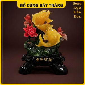 Tượng Song Ngư Liên Hoa Giả Ngọc Cao 35cm - Cá Chép Hoa Sen Phong Thủy Chiêu Tài Lộc May Mắn Quà Tặng Tân Gia Cao Cấp