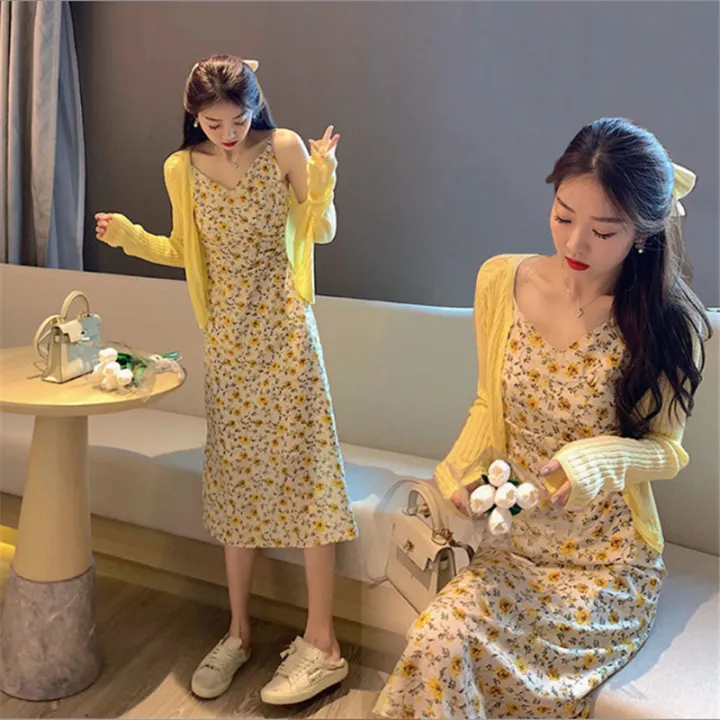 👗เดรสแฟชั่น ชุดกระโปรงยาวสายเดี่ยว 👗เกาหลี ผ้าชีฟอง 💐 มีซับใน เอวยืดได้ ...