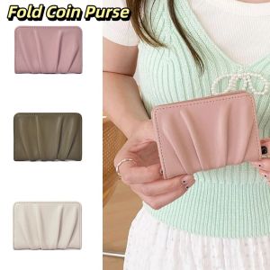 LANGJ แบบเกาหลี กระเป๋าสตางค์พับได้ สง่างาม ช่องใส่การ์ดหลายช่อง กระเป๋าใส่เหรียญขนาดเล็ก สะดวก ผ้าสีพื้น ที่ใส่บัตรที่มีรอยย่น ผู้หญิง