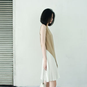 DenDen Women Dress Mid-Length Pleated Short Skirt Fashion Autumn Maxi Two- Piece Sleeveless Quality Material Set Baju dan Kain Wanita 复古百褶裙两件套