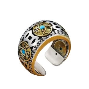 Chinese Retro Copper Coin Opening Ring Rotatable Turquoise Five Emperors Coin Ring Lucky Wealth Ethnic Style Silver Accessories