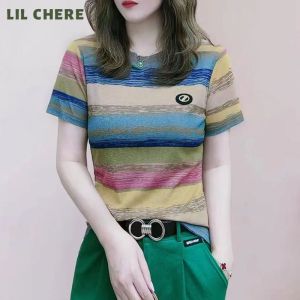 LIL CHERE Womens T-shirt Korean Style Rainbow Printed Short-sleeved T-shirt Loose Thin Casual Top