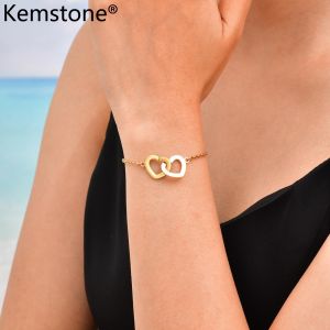 Kemstone Stainless Steel Double Heart Engravable Bracelet for Women Adjustable Cross Chain