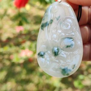 Special Sales - Rare Green Patches White with Yellow Hue Natural Type A Jadeite Jade crafter with Milo Buddha as Pendant certificate weigh 17.2 grams measurement 54.2 * 30.5 * 5.9 mm (pendant214)