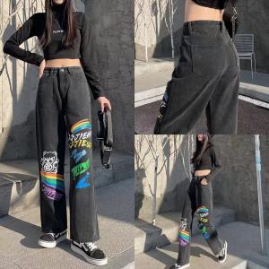 Mrs.huang shop แฟชั่นกางเกงยีนส์เอวสูง พิมพ์ลายการ์ตูน สไตล์เกาหลี ทรงขากระบอกขาไม่บาน พร้อมส่งค่ะ