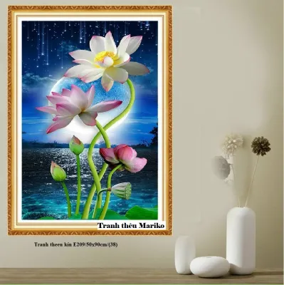 Tranh thêu Hoa Sen Trắng E209 kích thước 50 x 90 cm