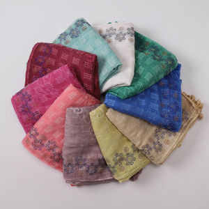 Jifang Women Shiny Rhinestones Embroidery Flower Floral Cotton Shawl with Tassels Muslim Cotton Hijabs Shawls Scarves Pashmina Headwraps WJ638