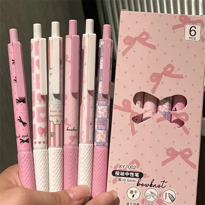 6Pens/set Pink Bow Gel Pen Quick Drying 0.5mm Neutral Pen Black Pen Student Cartoon Printing Pen