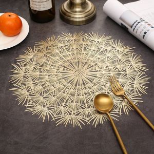 Golden Rectangle Table Mat Dining Tables Leaf Placemat PVC Elegant Placemat Heat-Resistant Table Bowl Mats Decoration
