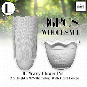 Wholesale (36 pcs) Large Wavy 7.5" Height x 9.75" Diameter Flower Pot With Floral Design