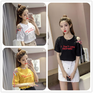 LuFashion Womens T-Shirts Lace up Strapless Slim Short Sleeve Letter Tops