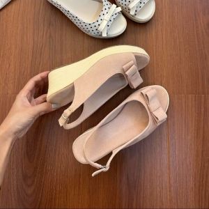 2026 Little Red Book Vintage Style Wedge Sandals High Heels Thick Sole Sweet Bow Peep-Toe Shoes