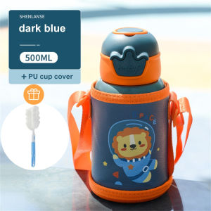 YILQQPER 【1-3 Day Delivery】500ml Childrens Thermos Bottle With Straw And Cup Cover Portable Insulated Vacuum Thermos Tumbler Vacuum Cup Cartoon Leakproof Water Bottle
