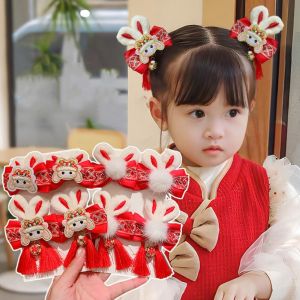 RENJE Tassel Children Red Hairpin Lion Dance Bunny Chinese New Year Headwear Lovely Bow Bow Hair Clip Children