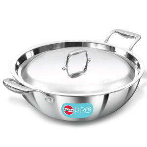 Hawkins Pro 6 Litre Deep-Fry Pan Triply Stainless Steel Kadhai with Stainless Steel Handles and Stainless Steel Lid Silver (PSK60S)