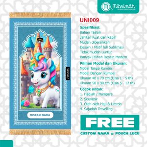Sajadah Anak Perempuan Custom Nama & Pouch Lucu - Desain Unicorn Seri Trendi - Motif Bunga/Polos - Kapas + Tentera - Mihrimah