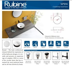 Rubine Bathroom Ceramic Countertop 36cm Round Basin SPIN36BW (5yr warranty on Ceramic)