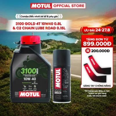 Combo Dầu nhớt xe máy MOTUL 3100 GOLD 4T 10W40 0.8L và Xịt sên / xích MOTUL C2 CHAIN LUBE ROAD 0.15L